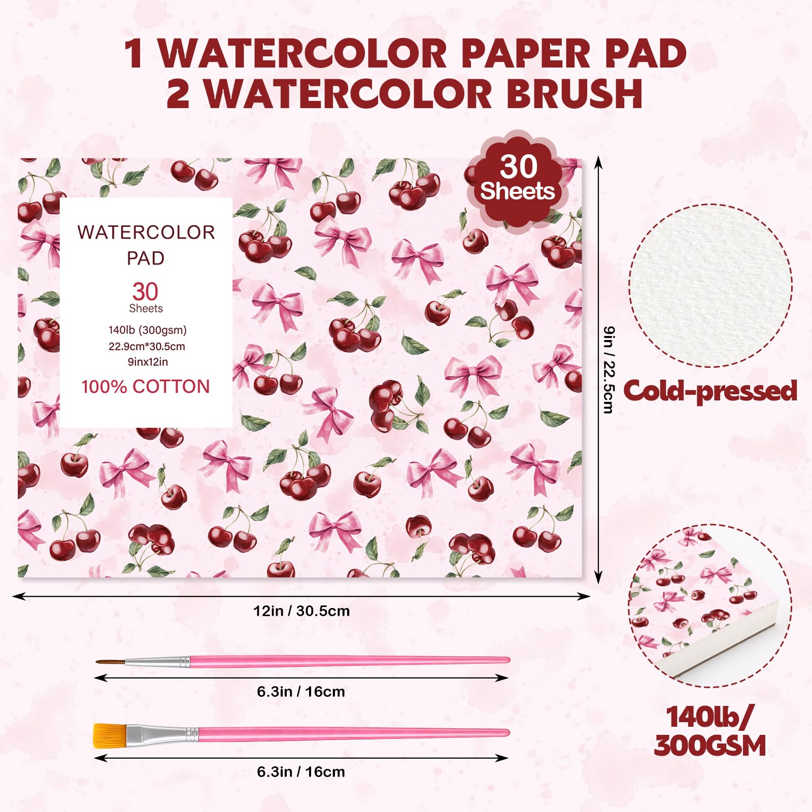 Aquarellpapierblock mit 2 Aquarellpinseln, 22,9 x 30,5 cm, 300 g/m² Wasserfarbenpapier, kaltgepresst, reißbar, Aquarell-Skizzenbuch zum Malen, 30 Blatt
