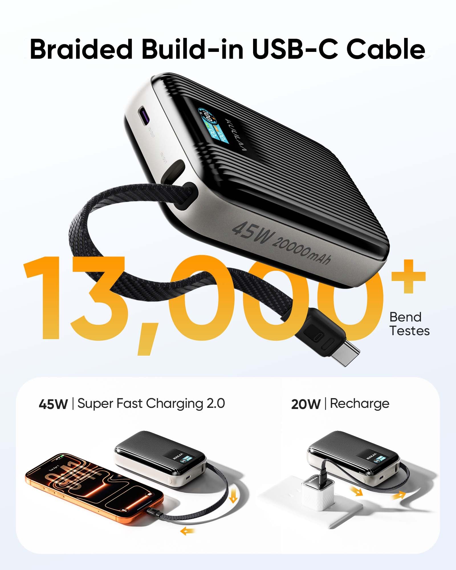 Kuulaa Batterie Externe 45W 20000mAh avec USB-C Câble Intégré, Power Bank Charge Rapide avec Affichage TFT Chargeur Portable Compatible avec iPhone Galaxy MacBook iPad Voyage