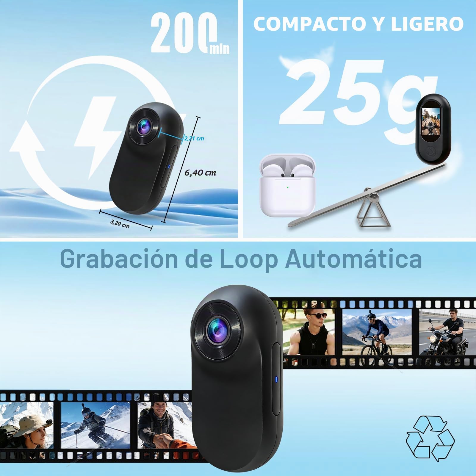Mini Cámara Deportiva Ultraligera, 32GB Camara Casco Moto, con Clip Trasero POV Camera Multifuncional, Camara Moto Ideal para Viajes, Ciclismo y Aventuras al Aire Libre(Azul Marino)