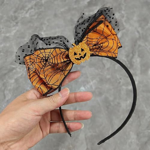 Miniatura 6 de Diadema de lazo de Halloween con diseño de calabaza con diseño de malla Headands Ornage para Acción de Gracias, fiesta de Halloween, accesorios para