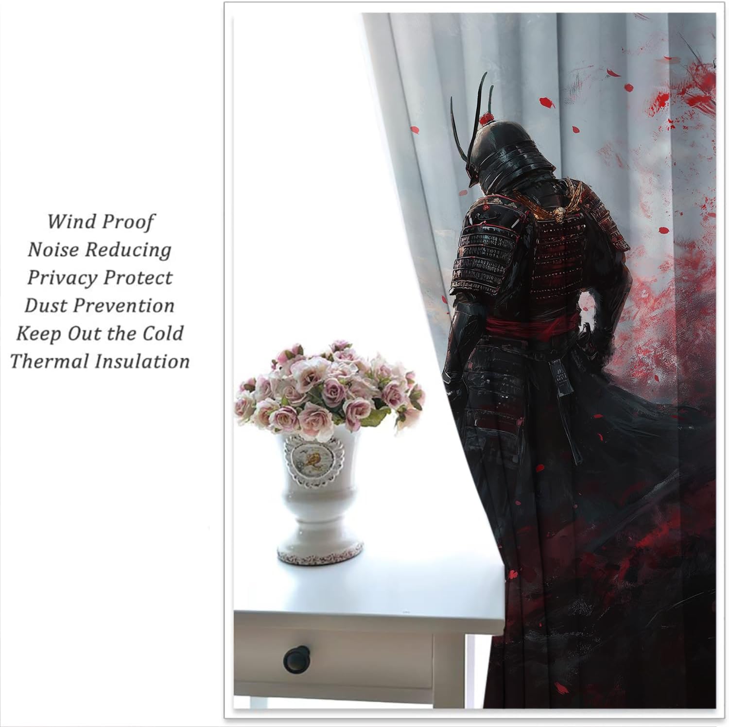 Japanese Samurai Boy Girls Blackout Curtains,Asian Geisha Girl with Cherry Blossoms, 2 Panel Rod Pocket Thermal Insulated Drapes for Bedroom, Living, Kids Room Deco 42x45 inch