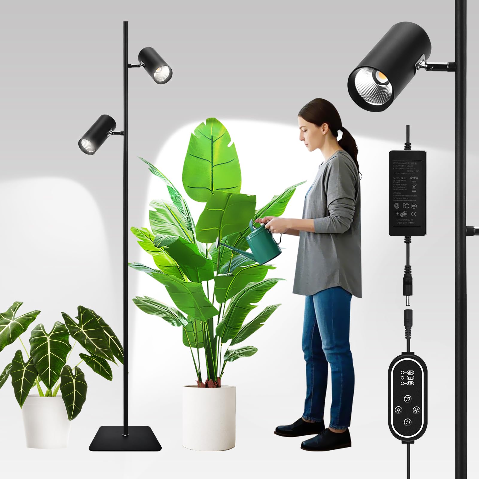 60W Dimmable Grow Light, Full Spectrum COB LED Dual-Head Floor Lamp with High CRI, 6/8/12H Timer, Adjustable Height (37"-77") & Angle – Standing Grow