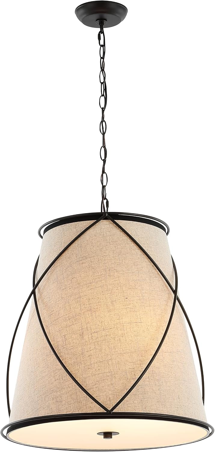 JONATHAN Y 19" Oil Rubbed Bronze 3-Light Iron Pendant Light, Rustic Farmhouse Adjustable Height Fixture for Kitchen Island Dining Room, Linen Shade, LED Bulbs Included JYL1315A