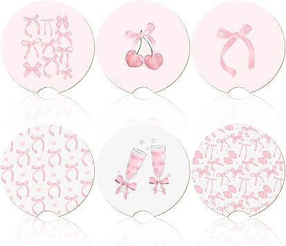 Sieral 6 Pcs Pink Bow Car Coasters for Car Cup Holders Cute Coquette Absorbent Cork Coasters with Finger Notch Pink Bow Accessories for Women