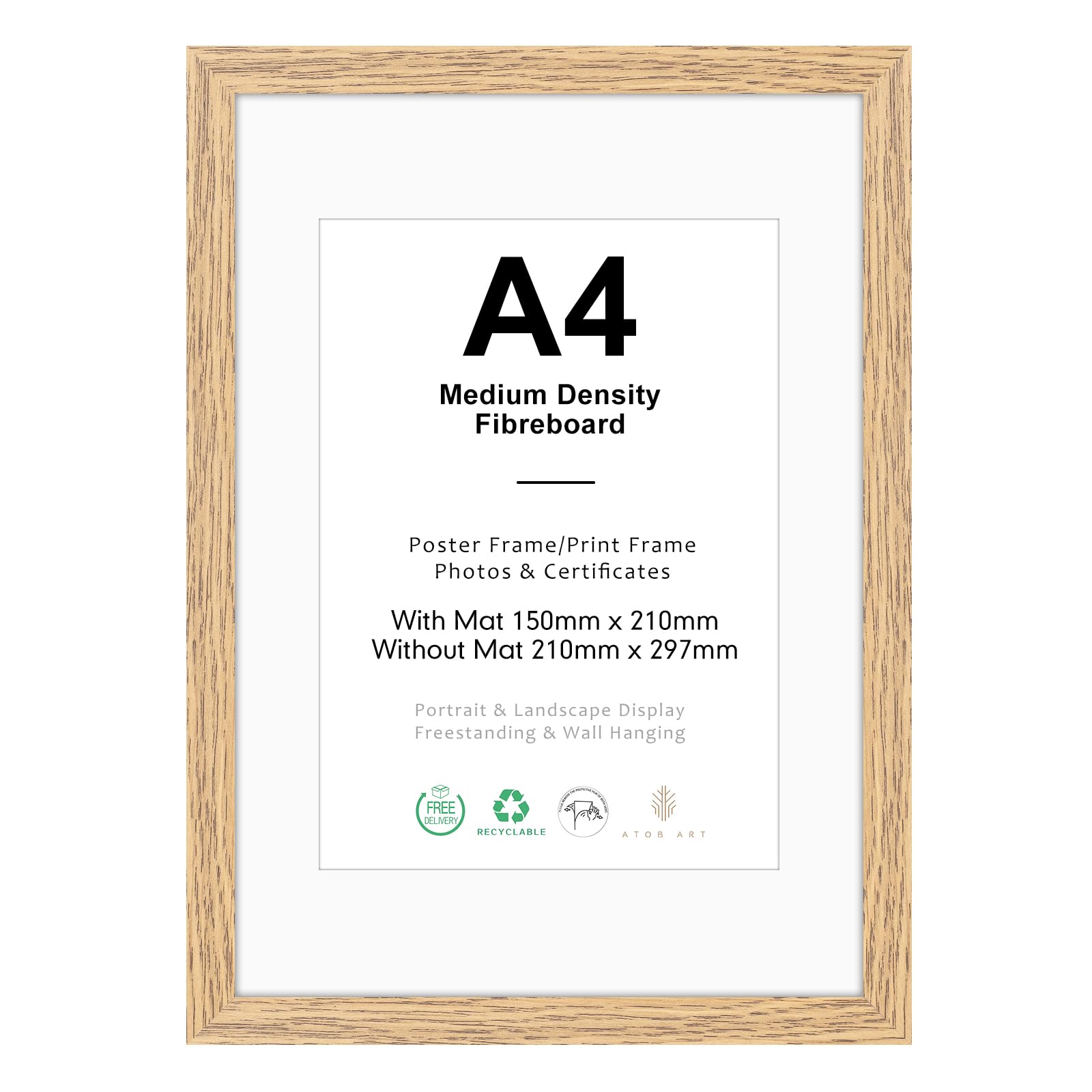 Bilderrahmen A4 MDF Holz Natur, 21x29.7cm | Picture Frame 21x30 zum Aufhängen, 30x21 Holzrahmen mit Passepartout für A5 Dokumente,Zertifikate,Fotos,Poster