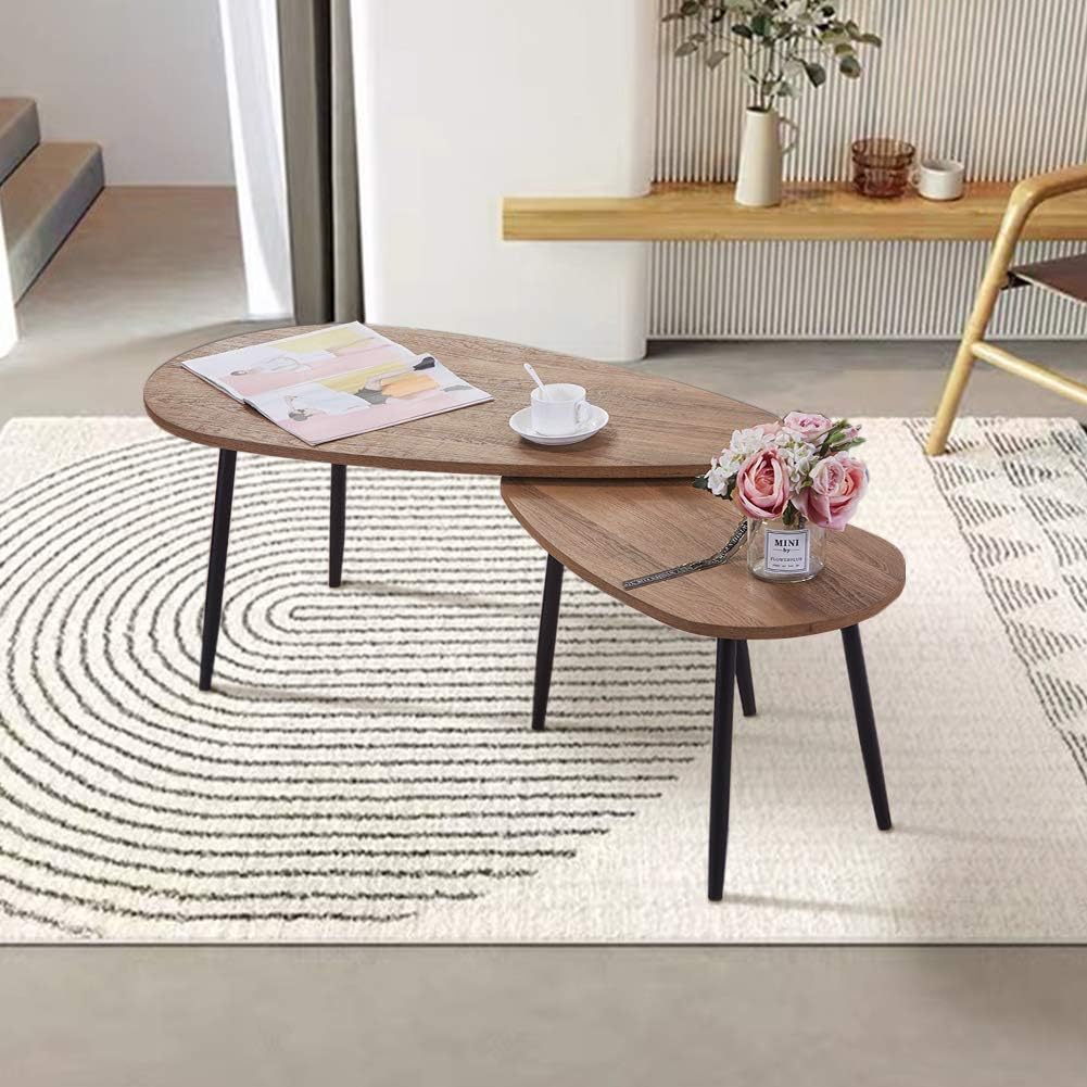 GOLDFAN Modern Nesting Triangle Coffee Table Set, Nest of 2 Tables, Sofa Coffee Side Table, Black Metal Table Legs for Living Room, Walnut