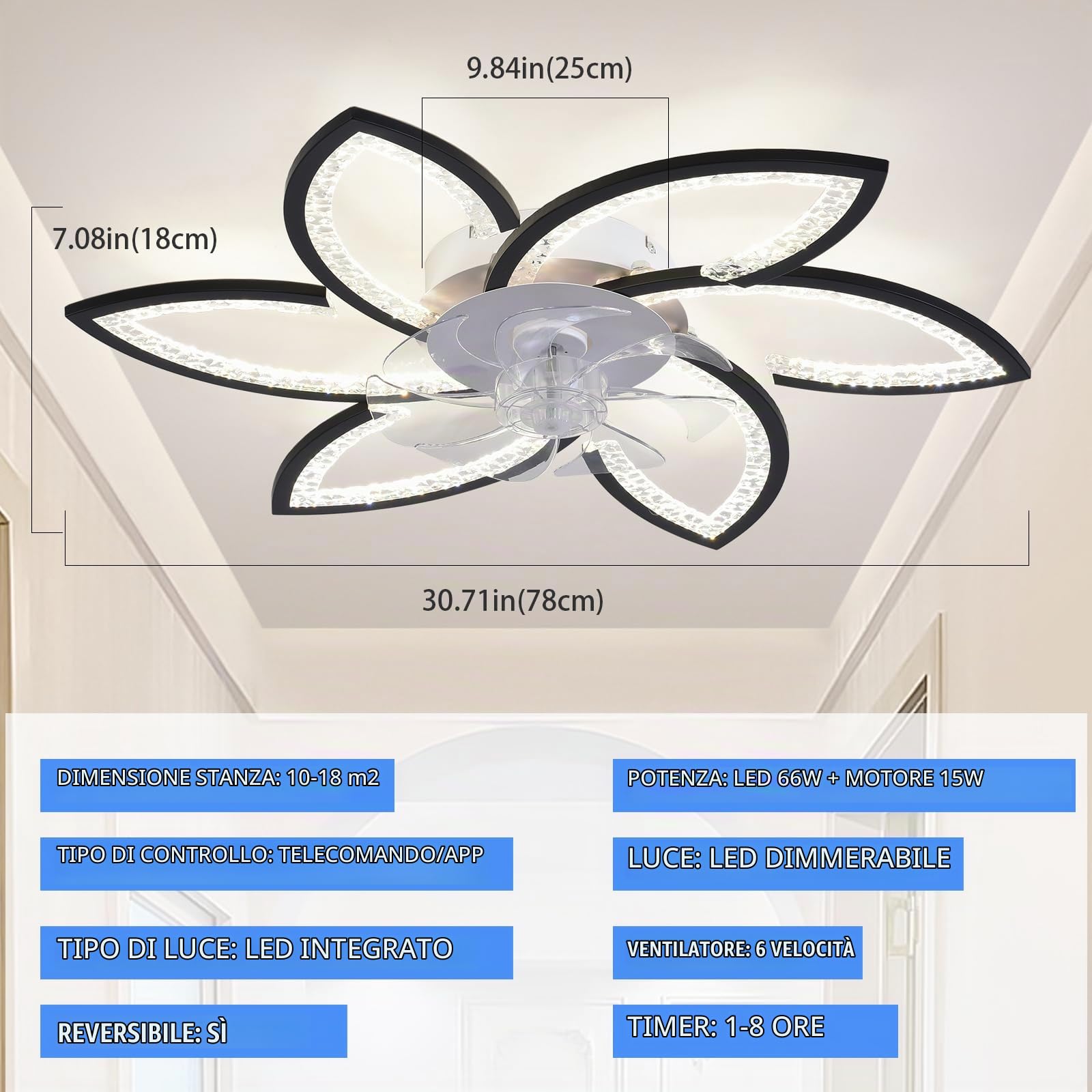 Ventilatore da Soffitto con Luce LED e Telecomando, 78 cm | Moderno Lampadario LED Dimmerabile Nero, 6 Velocità, Motore DC Silenzioso Reversibile, Timer per Camera e Soggiorno