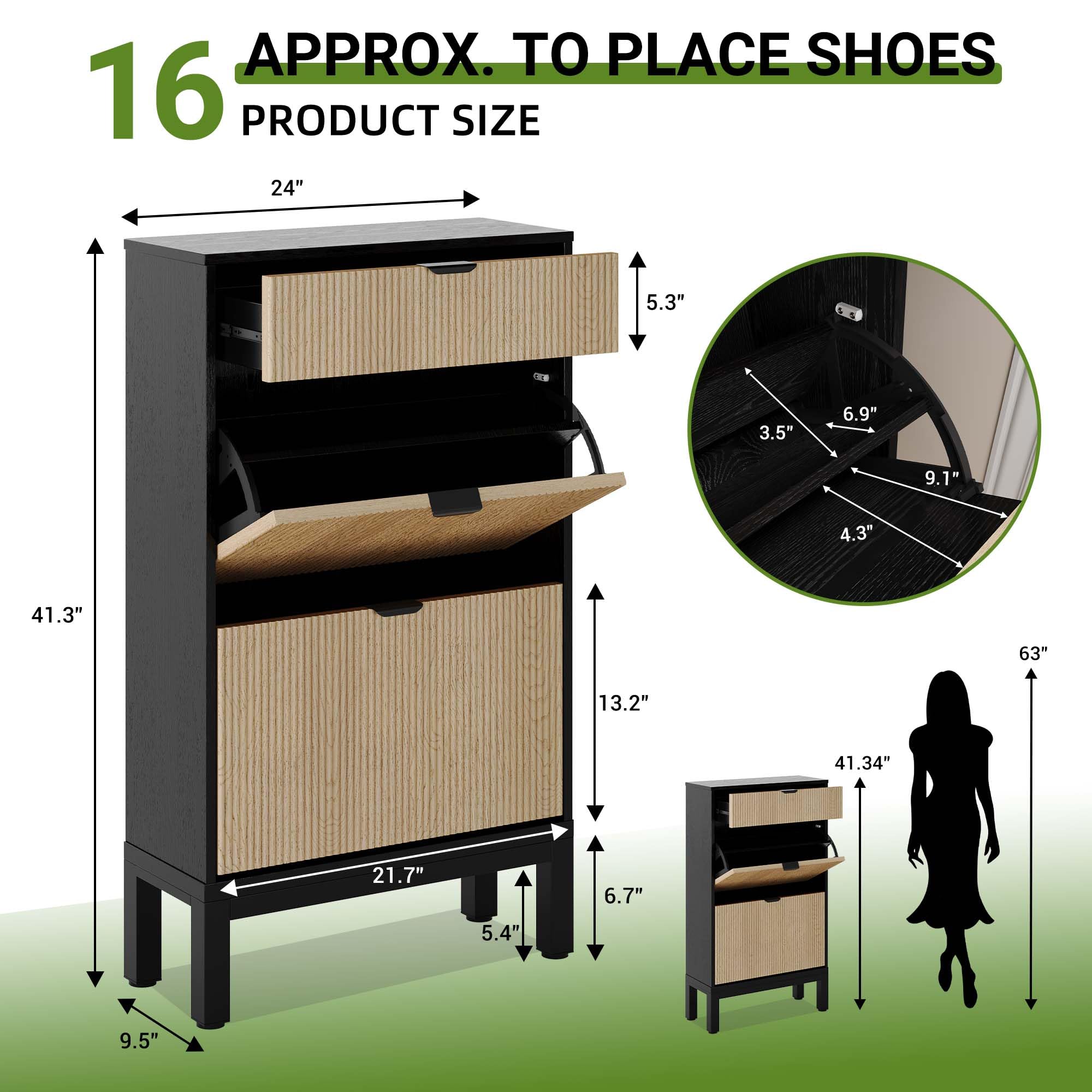 GarveeHome Zapatero Estrecho con 2 cajones abatibles y 1 cajón pequeño – Puertas estriadas – Capacidad 8-12 Pares – Estructura de Madera – para recibidor, Pasillo o Entrada – Negro + Madera