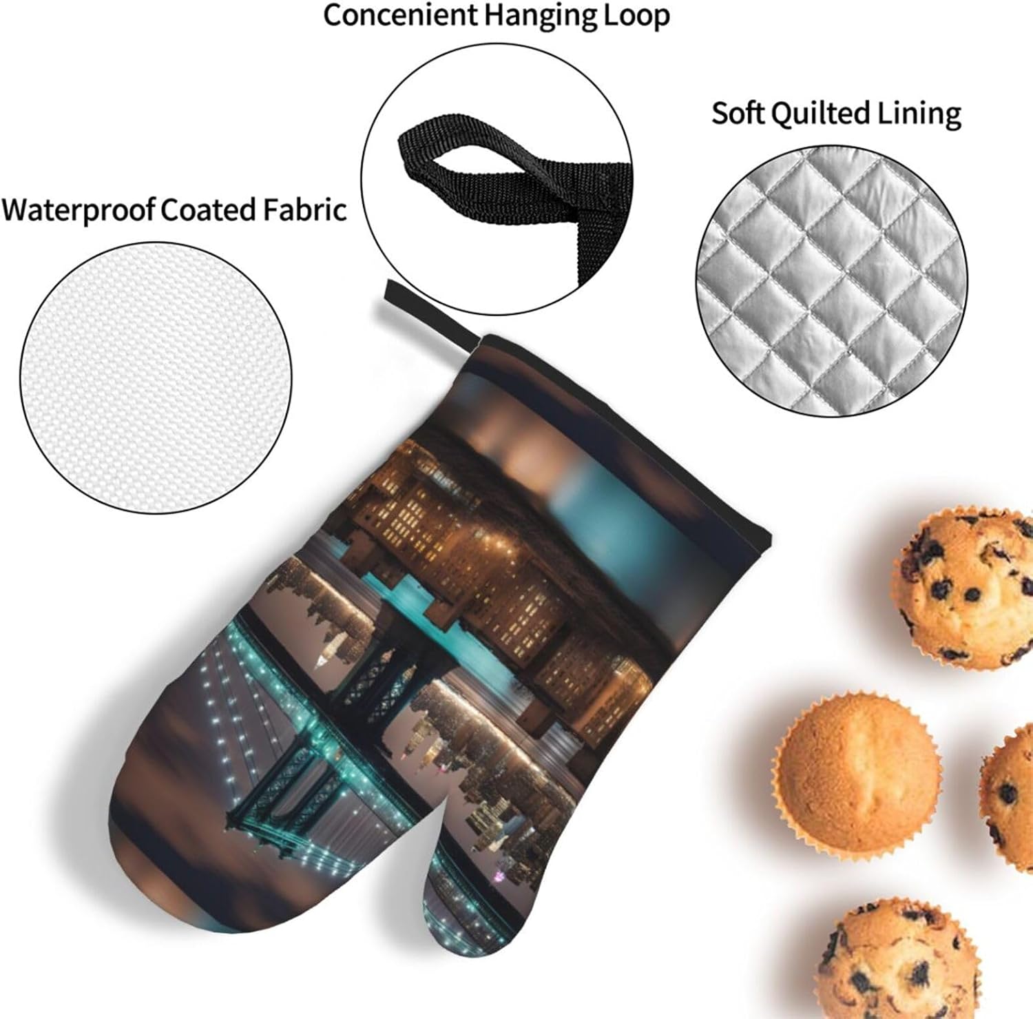 New York Manhattan Bridge Night Print Heat Resistant Microwave Gloves, Used for Baking, Cooking, and Fashion Kitchen Essentials