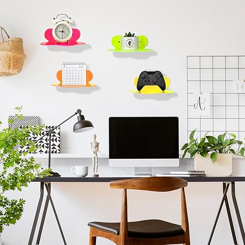 Miniatura 6 de Soaoo Paquete de 4 estantes flotantes pequeños acrílicos de neón, estante flotante pequeño y colorido con tornillo, soporte de exhibición montado en