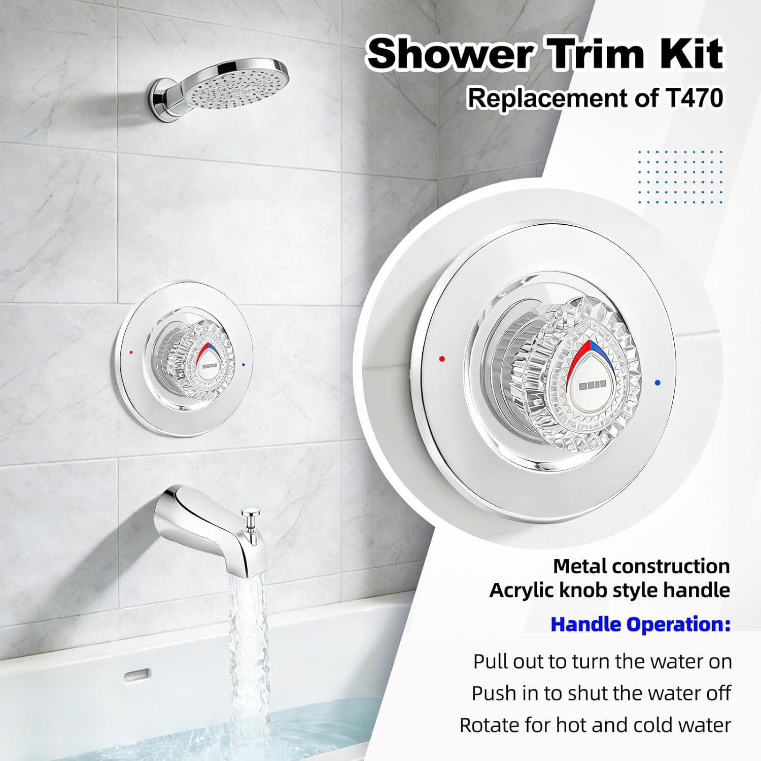 Shower Trim Kit with Tub Spout, Compatible with Moen Chateau T470 Single Handle Tub/Shower Standard Valve, for Moen 1225 Trim Kit, Includes Escutcheon, Tubes, Shower handle and Screws (Chrome)