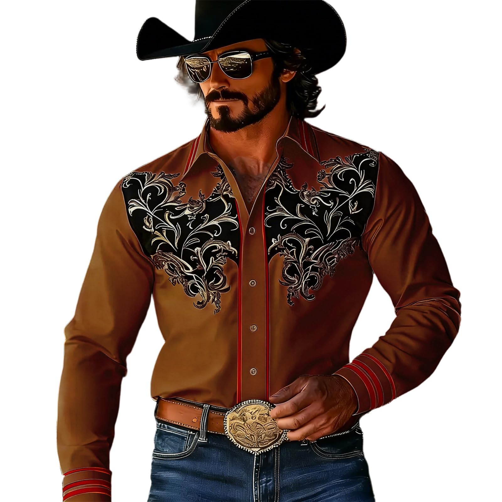 Fancy Dress Shirts Men's Cowboy Costume Long Sleeve Retro Western Shirt Western Lapel Shirt Vintage Style Long Sleeve Shirt with Ornament Pattern Festive Party Shirt for Theme Party Country Festival — image 1