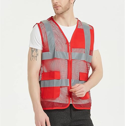 Miniatura 4 de TOPTIE Chaleco de voluntario unisex de malla grande de EE. UU., chaleco de seguridad con cremallera frontal con tiras reflectantes y bolsillos,