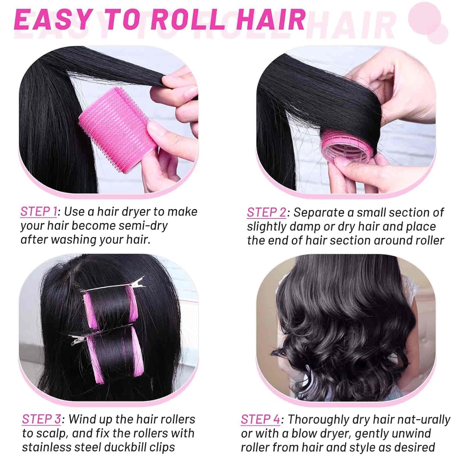 Hair Roller Curler, Hair Rolling Set 6Pcs Medium Hair Roller Self Grip Salon Hair Curler Large Hair Roller Set for All Hair Types Plastic No Heat Hair Rollers Hair Styling Accessories with 6Pcs Duckbill Clips 1