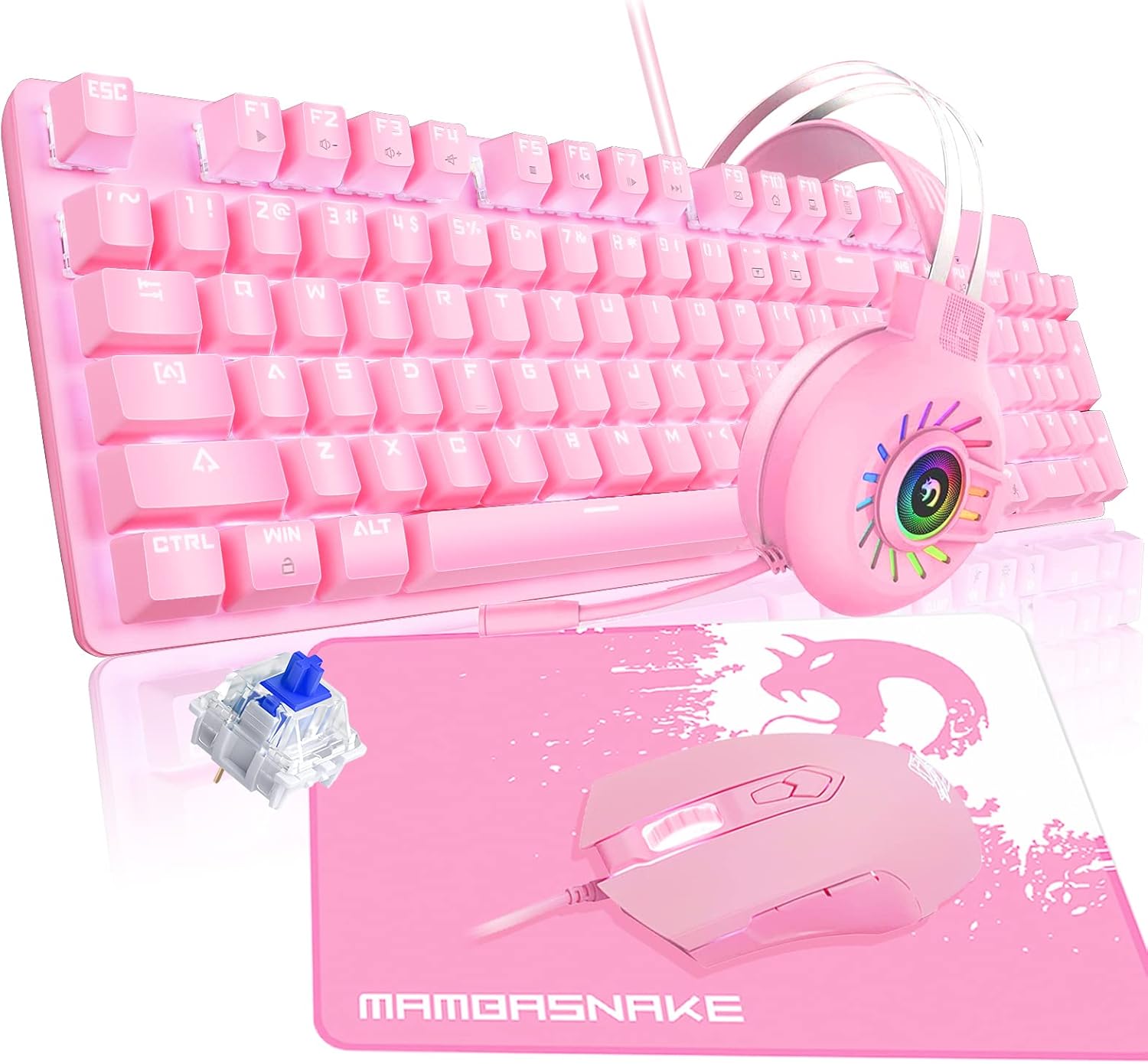 FELICON Pink Mechanical Keyboard Mouse and Handset Combo with Mouse Pad, Full Anti-ghosting Wired Gaming Keyboard, Lightweight Gamer Mouse, Professionals RGB Over Headphone for PC, Laptop,Mac