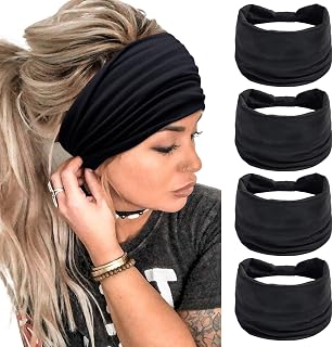 Huachi 4-Pack Wide Black Headbands for Women - Non-Slip Boho Thick Hair Wraps, African Style Yoga Sport Turban Accessories