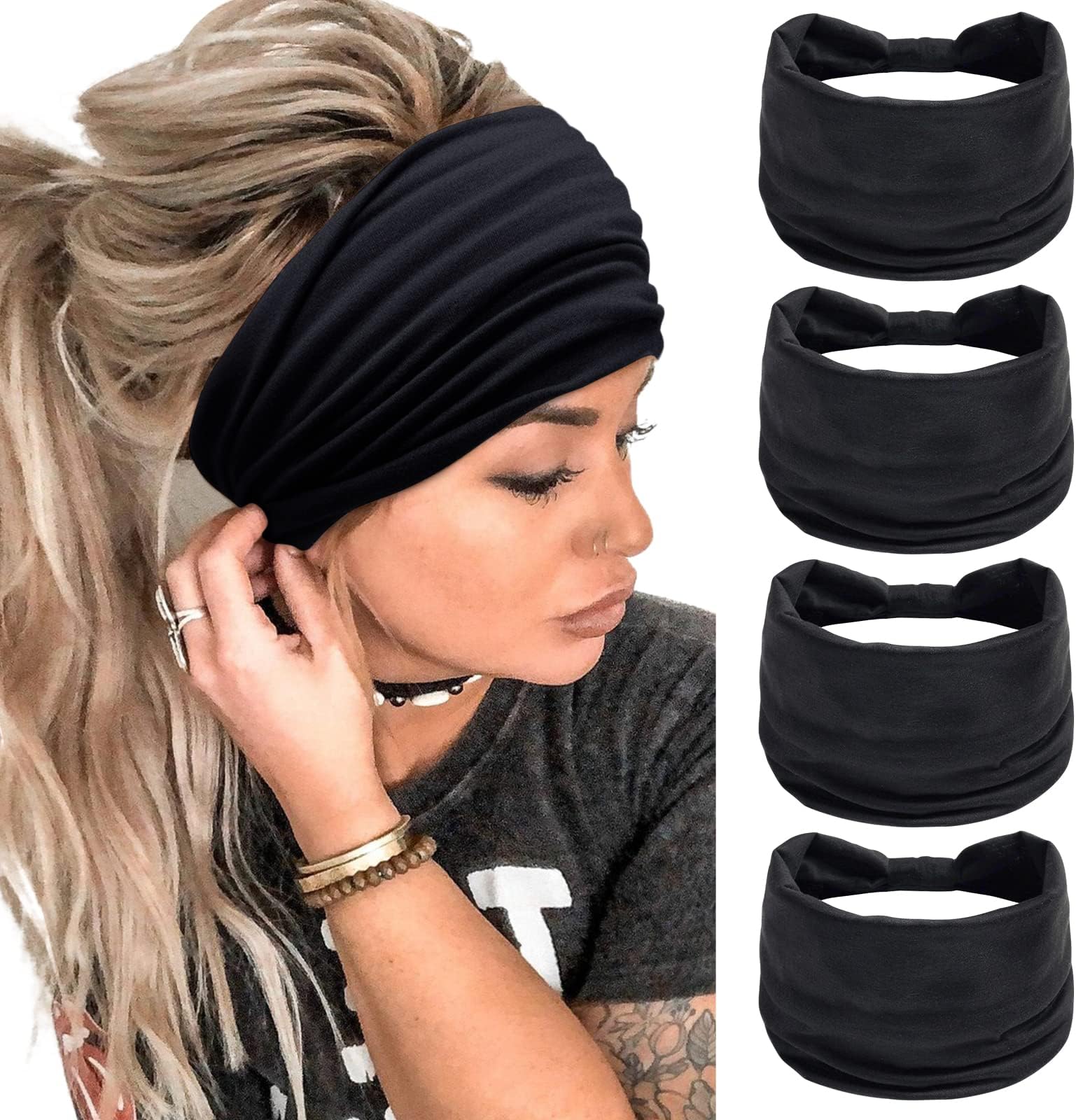 Huachi Wide Headbands for Women Black Stylish Head Wraps Boho Thick Hairbands Large African Sport Yoga Turban Headband Hair Accessories (Pack of 4)
