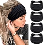 Huachi Wide Headbands for Women Black Stylish Head Wraps Boho Thick Hairbands Large African Sport Yoga Turban Headband Hair Accessories (Pack of 4)