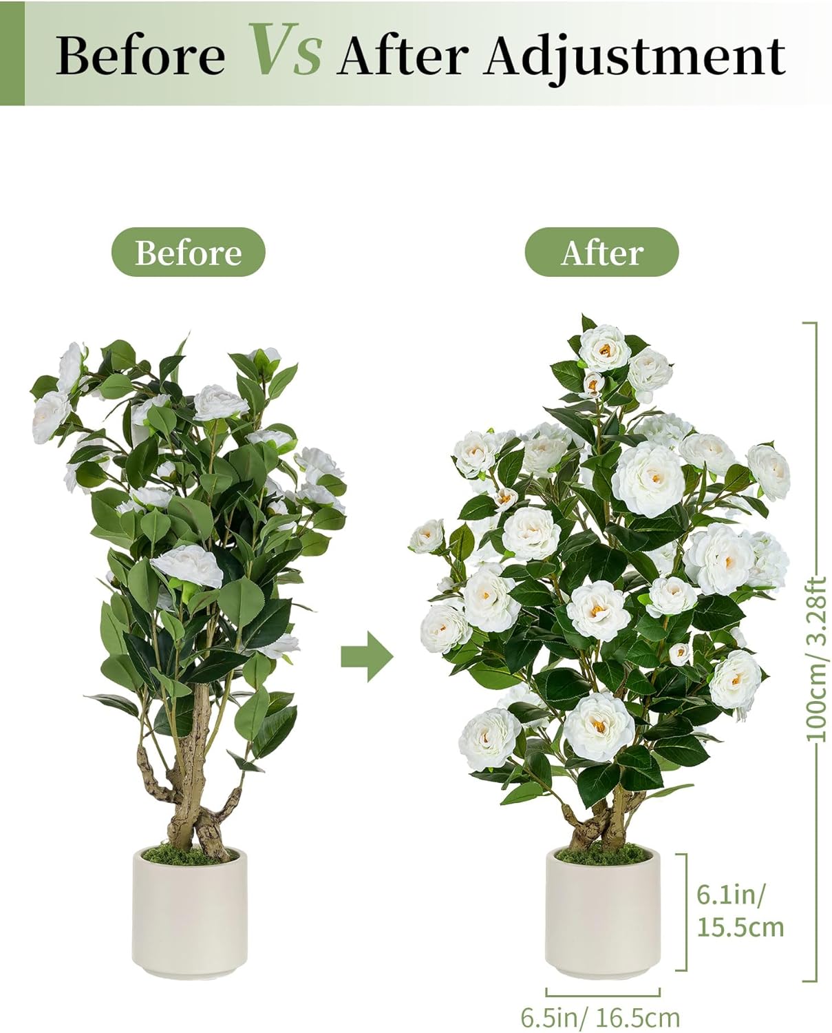 BLOSMON Artificial Flower Tree for Porch: 3.3ft Fake Trees Set of 2 for Home Front Door Decor Indoor Faux Plants Outdoor - White Camellia Plant with Pot for Living Room Patio Deck Yard Decoration