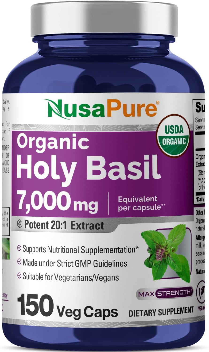 NusaPure USDA Organic Holy Basil Capsules 20:1 Extract, 350 mg Equivalent to 7,000mg | 150 Vegan Caps | Tulsi Holy Basil Leaf Extract | 2.5% Ursolic Acid | Non-GMO