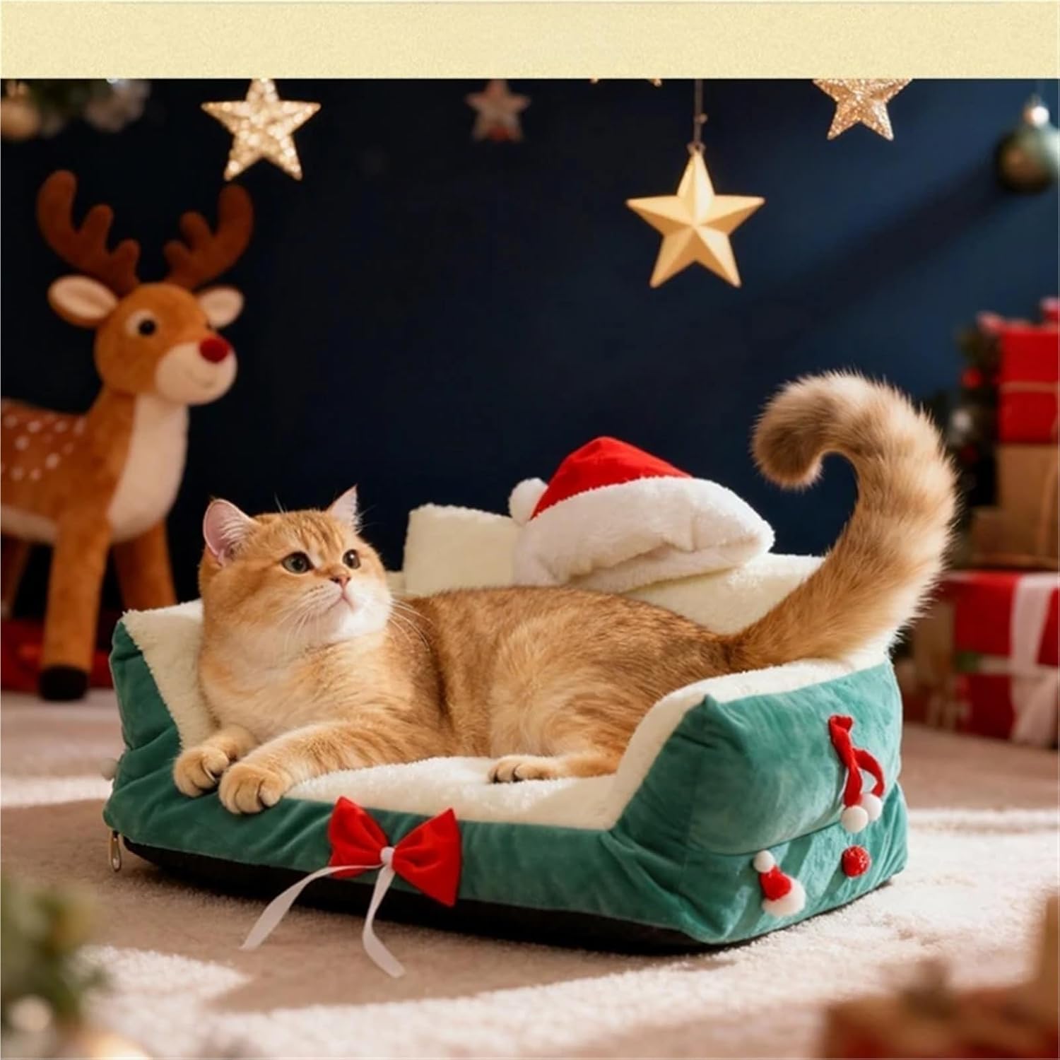 Christmas Cat Bed with Soft Neck Bolster - Cozy Couch Sofa for Festive Comfort PP Cotton Filled Holiday Pet Gift(A,Medium)