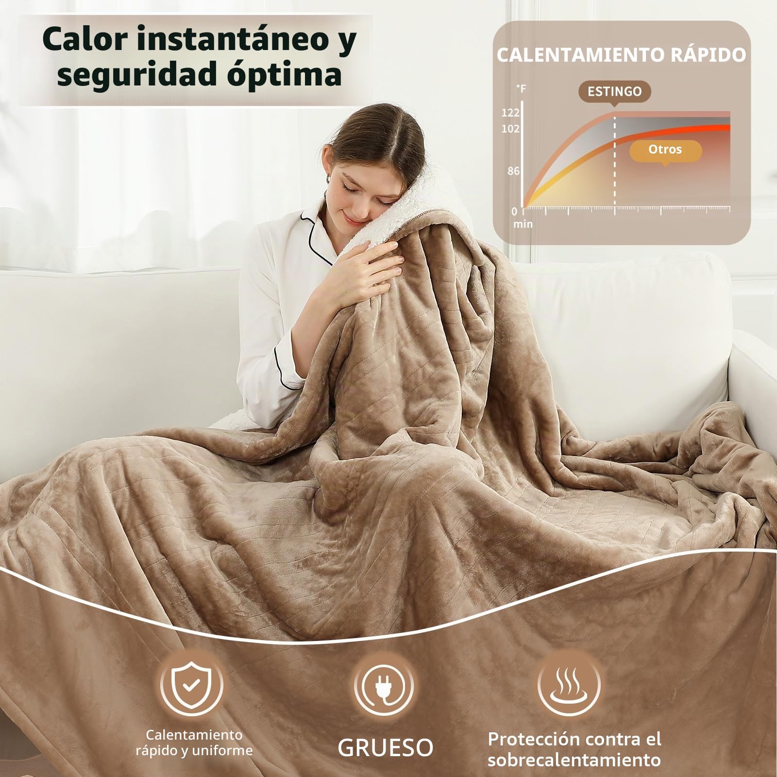 ESTINGO Manta Eléctrica 180x130 cm, Manta Calefactora de Franela y Sherpa para Sofá y Cama, 6 Niveles de Temperatura, Temporizador de 10h, Apagado Automático y Lavable, Beige