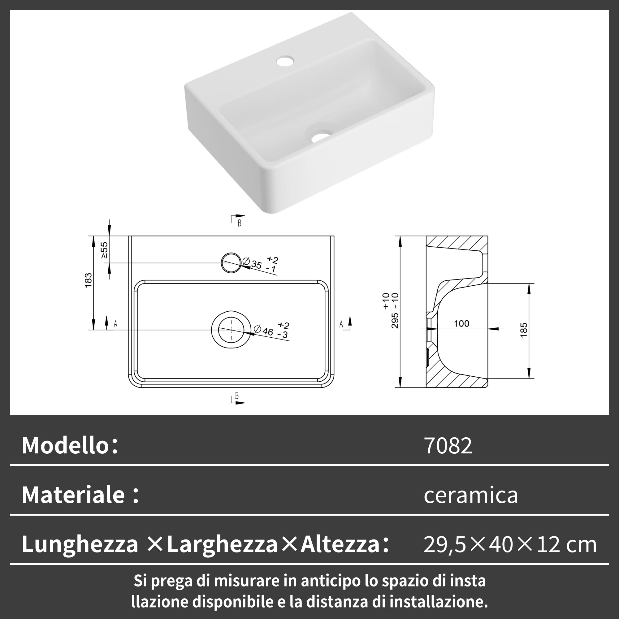 NUESTRA VIDA Lavabo da appoggio rettangolare compatto, in ceramica bianca. Dimensioni: 40×29,5×12 cm. Con foro per rubinetto, senza troppopieno. Per bagni piccoli e ambienti ridotti.