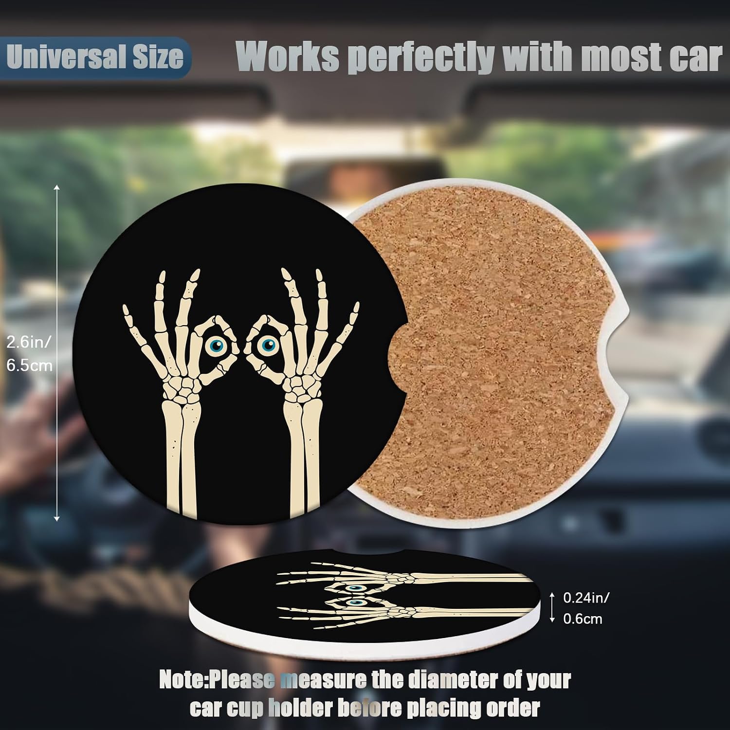 Car Cup Holder Coasters - Cool Skeleton Hand Absorbent Ceramic Coaster 2 Pack, Car Coasters for Cup Holders, Fashion Car Interior Accessories Drink Coaster for Women & Men image 2