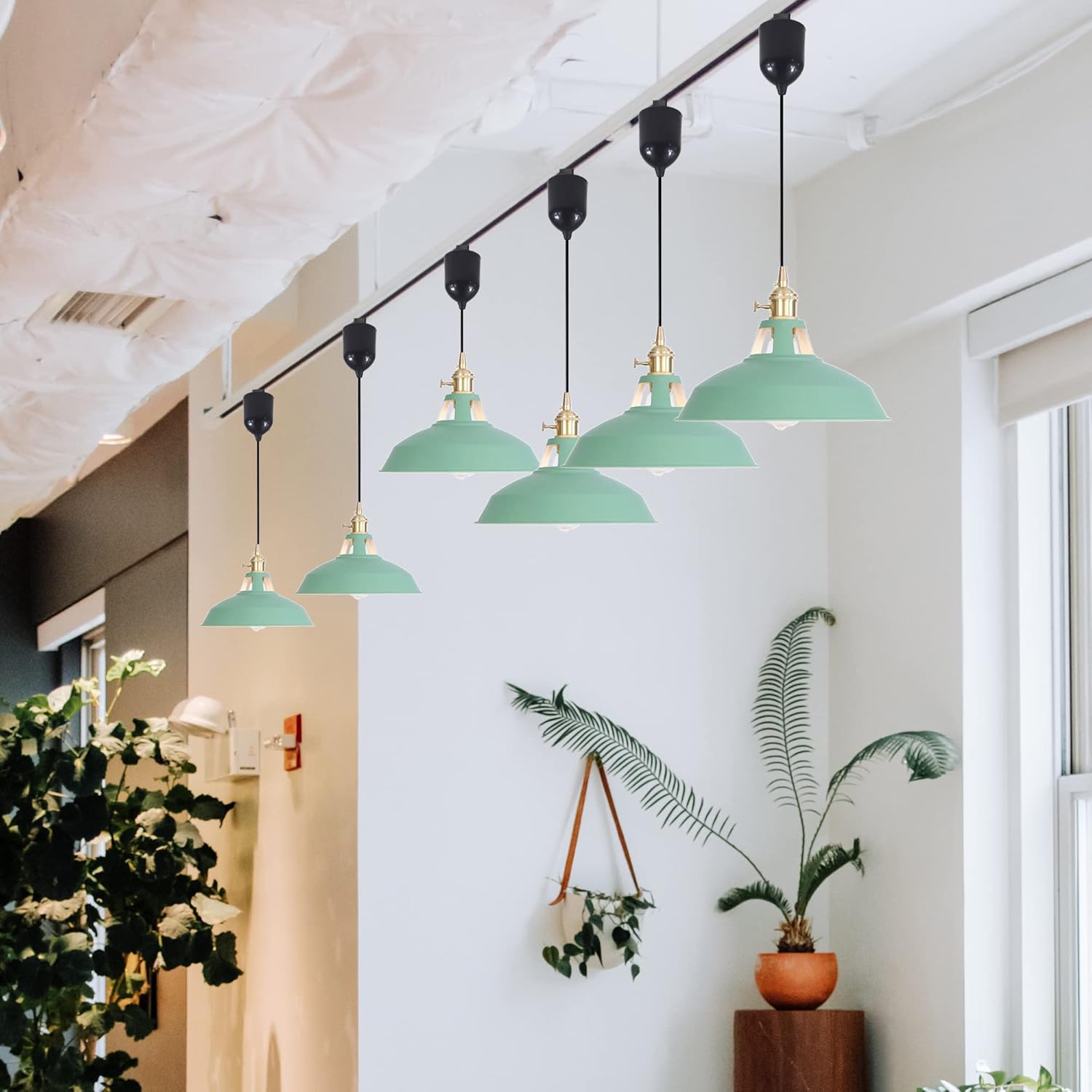 Adjustable Height H Type Track Lighting Pendants 4 Ft Macaron Style Green Iron Shade Instant on Retractable Lift Track Mount Pendant Light Decorate for Kitchen Island Customizable