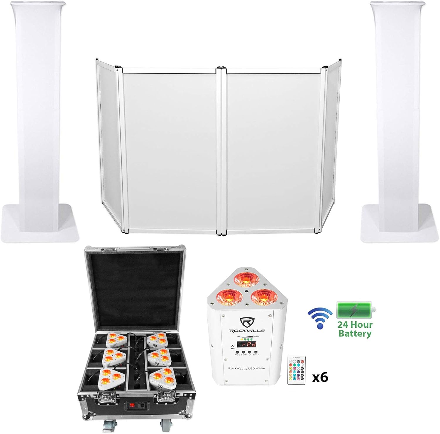 Rockville DJ Facade Bundle: RFAAW 4-Panel Aluminum Booth with White Scrim, (2) RTP32W Totem Light Stands, ROCKWEDGE Wireless RGBWA and UV Battery Par Lights with Charging Case, 4-Items