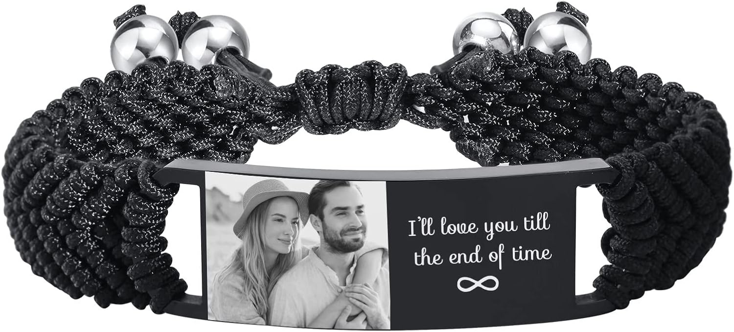 MPRAINBOW Custom Photo Bracelet for Men, Personalized Gifts for Him, Customized Picture, Name Text Engraved Stainless Steel ID Braided Bracelet Wristband Jewelry