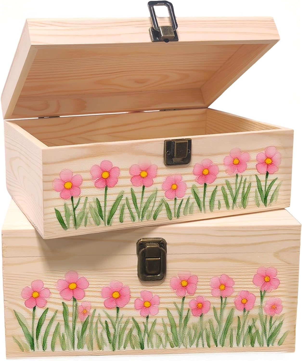 2 Pack Wooden Box with Hinged Lid & Compartments - Natural Craft Storage Organizer for Jewelry, Art Supplies, DIY Projects | Handmade Gift Box for Home