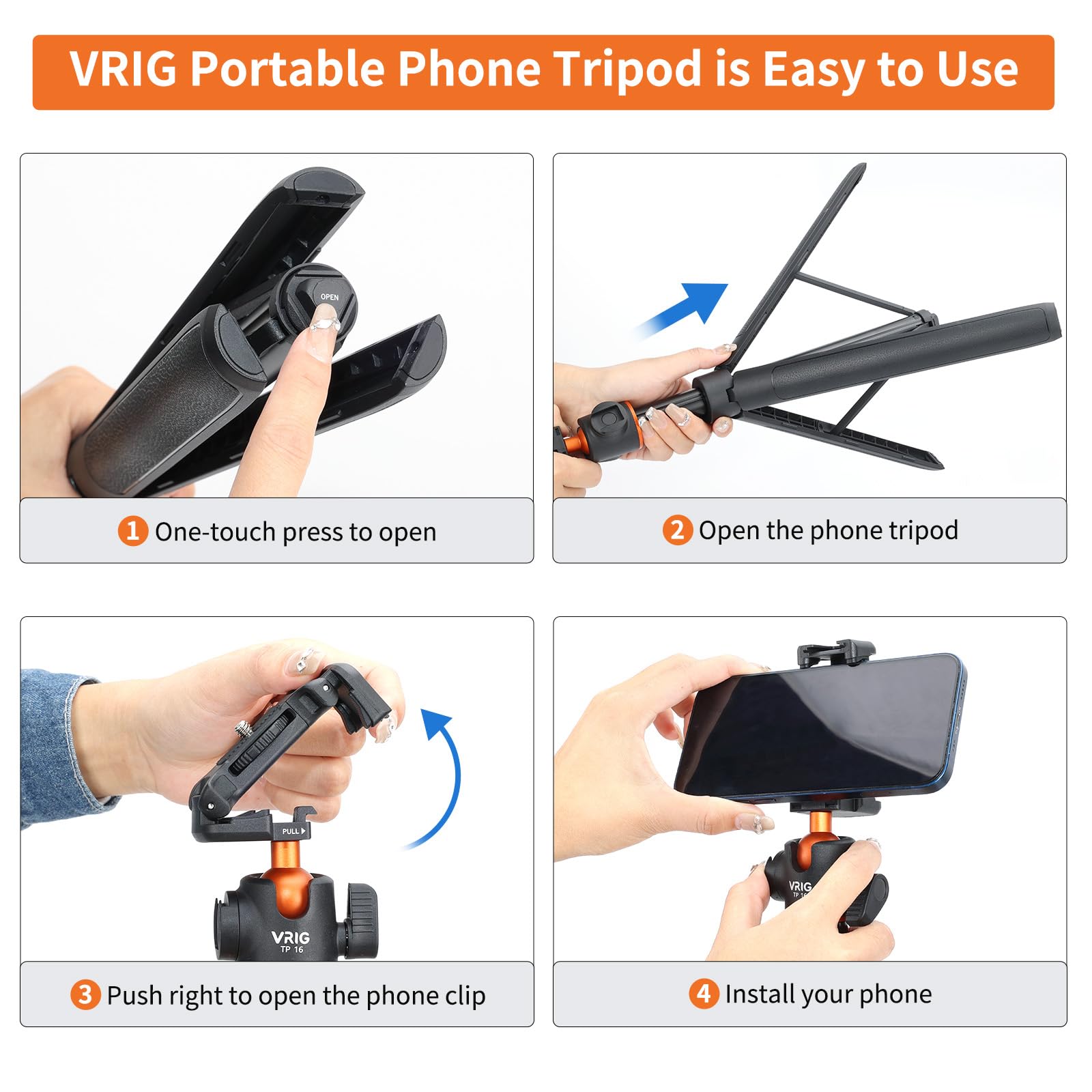 VRIG TP16 - Trípode de cámara extensible de 55 pulgadas, soporte de trípode para cámara selfie con clip de teléfono 2 en 1, ajuste de 5 niveles, cabezal de bola de 360° para iPhone, Sony, Canon