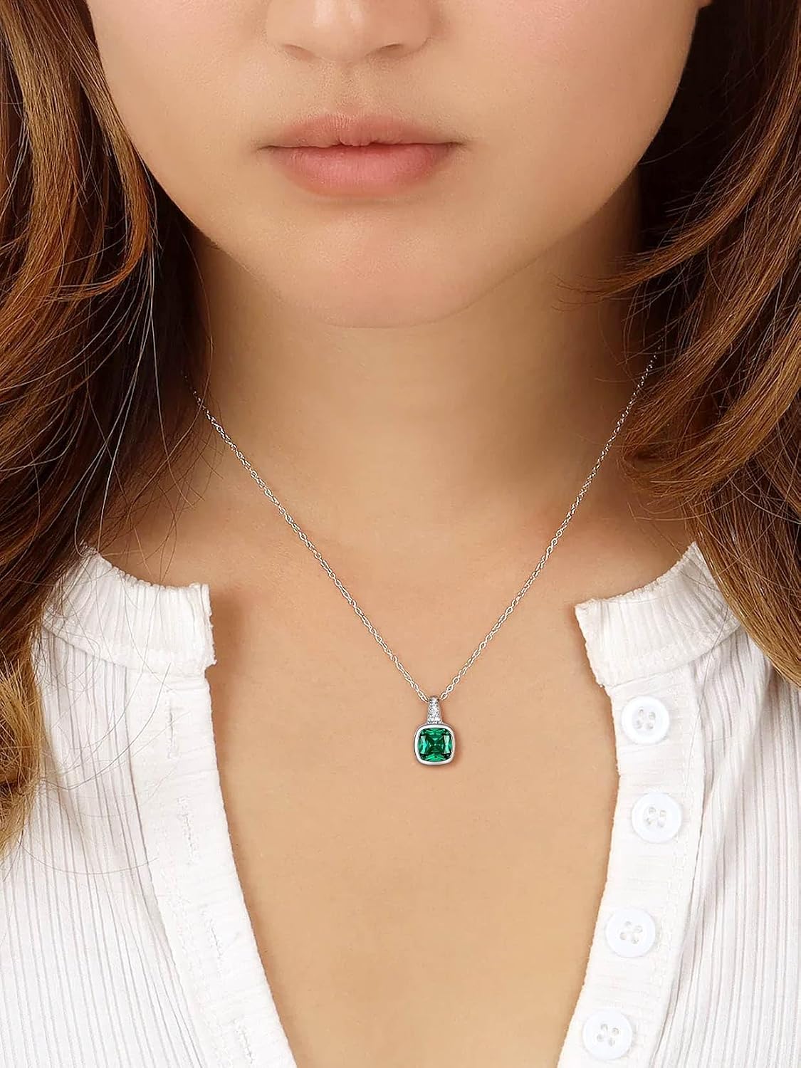 SILVERCUTE Birthstone Necklace, Sterling Silver Cushion Diamond Necklaces Square Cubic Zirconia Pendant Necklace for Women, Perfect Birthday/Anniversary/Wedding Gifts,18 Inch Chain