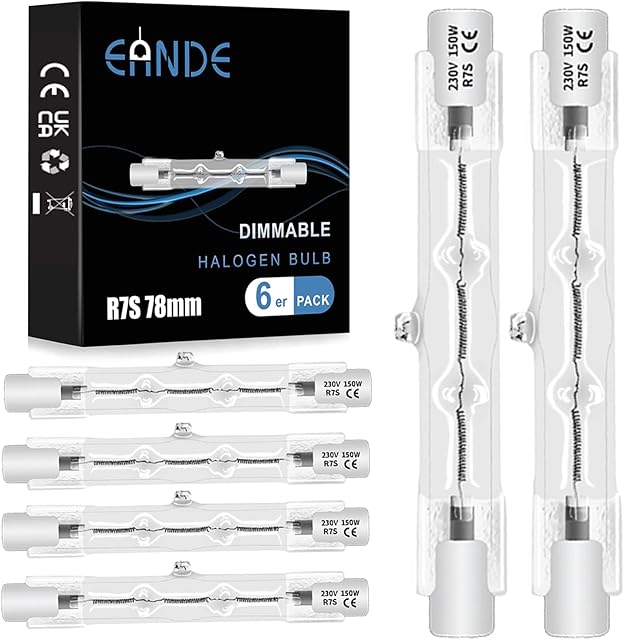 Eande R7s Halogen Bulb 78mm 150W, Dimmable 230V 2880LM 2800K Warm White J78 Security Light Bulb Linear Floodlight Bulbs 6 Pack
