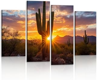 4 Panel Canvas Wall Art Painting McDowell Mountain Sunset 07 Modern Print Stretched Framed Artwork Poster for Living Room Bedroom Office Wall Decor 48x32 in