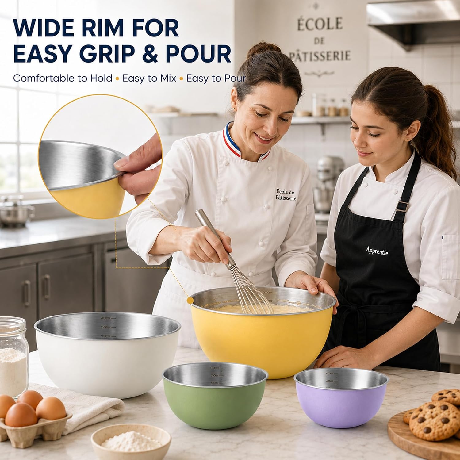 4Pcs Stainless Steel Nesting Metal Mixing Bowls Salad Bowl Set | 4-piece set in yellow, white, green, purple. Rust-proof stackable steel bowls for baking, salad prep and storage.