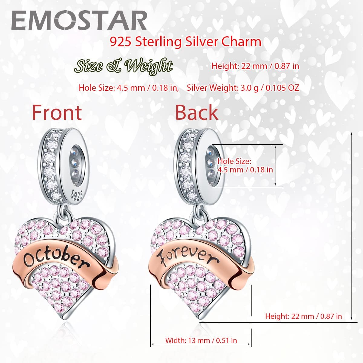 EMOSTAR Jan-Dec Birthstone Charms fits European Birthday Bracelet, Dangle 925 Sterling Silver Heart Shaped Pendant with 12 Months Birthstones, Gifts for Mom/Women