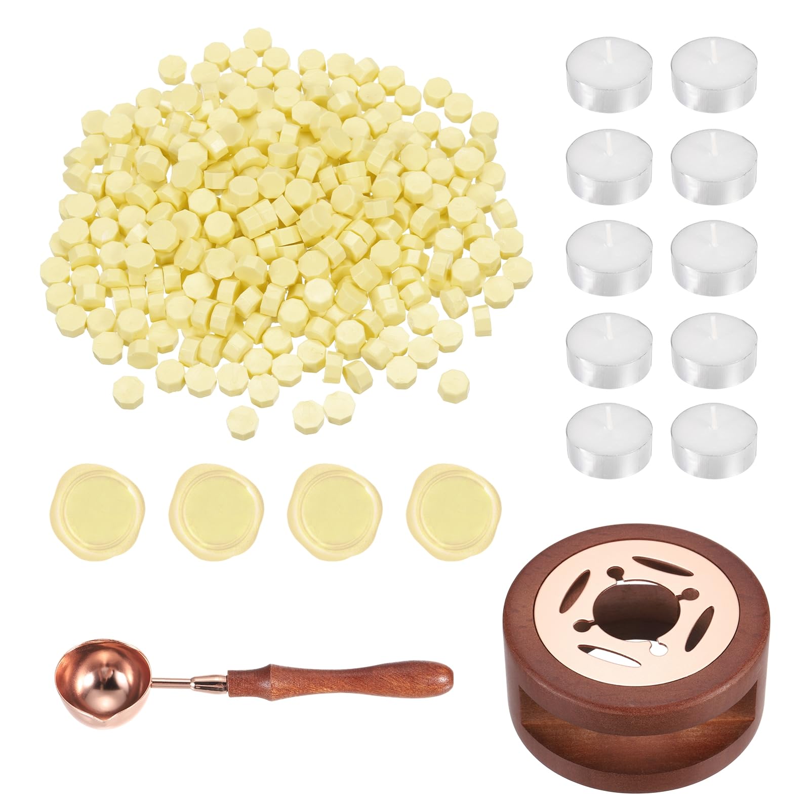 PATIKIL Wax Seal Kit, 300 Pcs Wax Sealing Beads, Wooden Warmer, Melted Spoon, 10 Pcs Tealight Candles for Envelope Letter Mailing Crafts DIY, Light Yellow