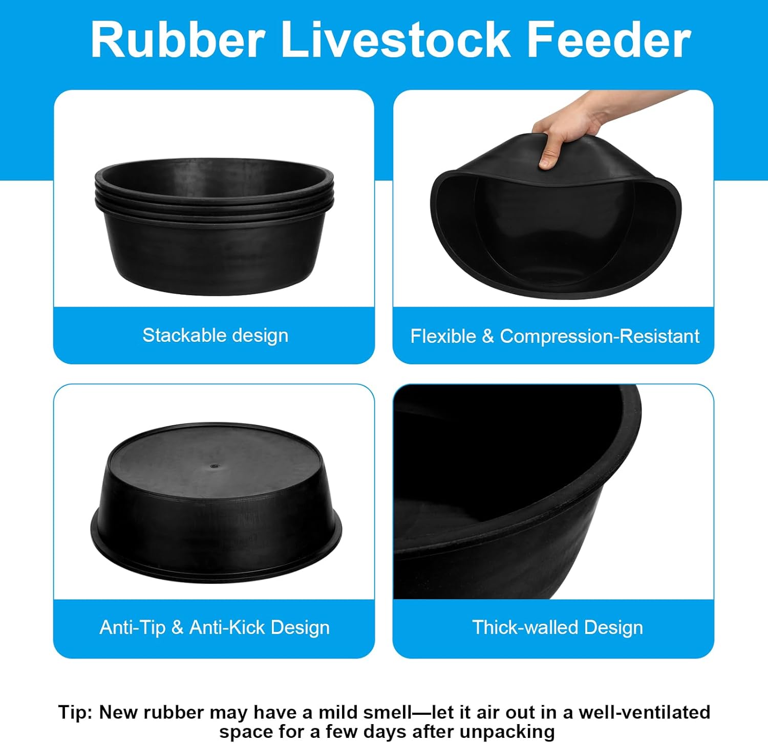 4 Pcs Rubber Feed Pan, 4 Quart 10.6 x 4.1 Inche Livestock Feeding Bucket, Dust Bath Container, Durable Utility Bowl for Horse Cats Dogs Chickens Ducks Goats Pigs and Farm Small Animal.