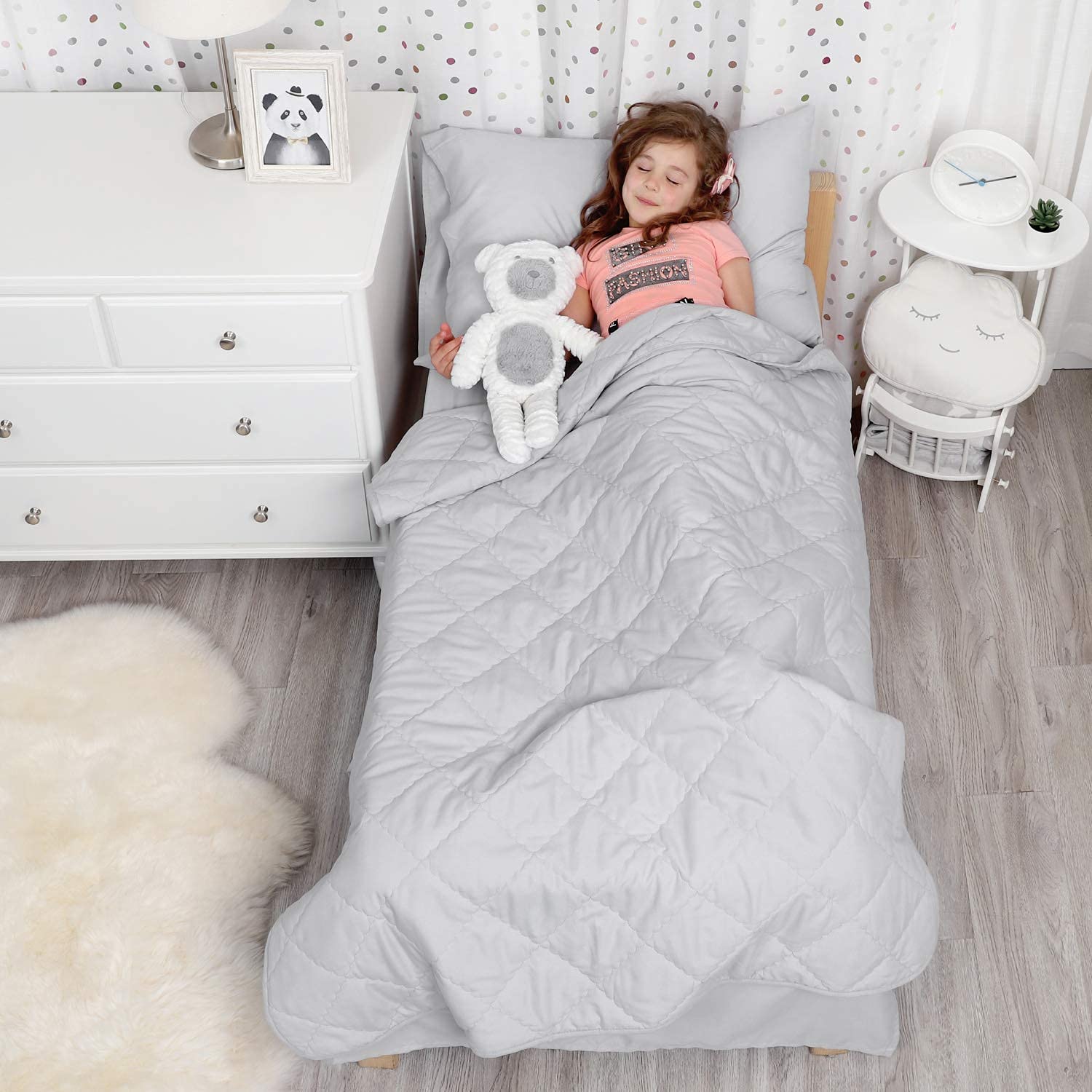 TILLYOU 5-Piece Solid Toddler Bedding Set for Boys or Girls, Bed-in-a-Bag Microfiber Comforter Set, Includes 1 Top Flat Sheet, 1 Mattress Sheets, 1 Padded Quilt and 2 Envelope Pillowcases, Gray