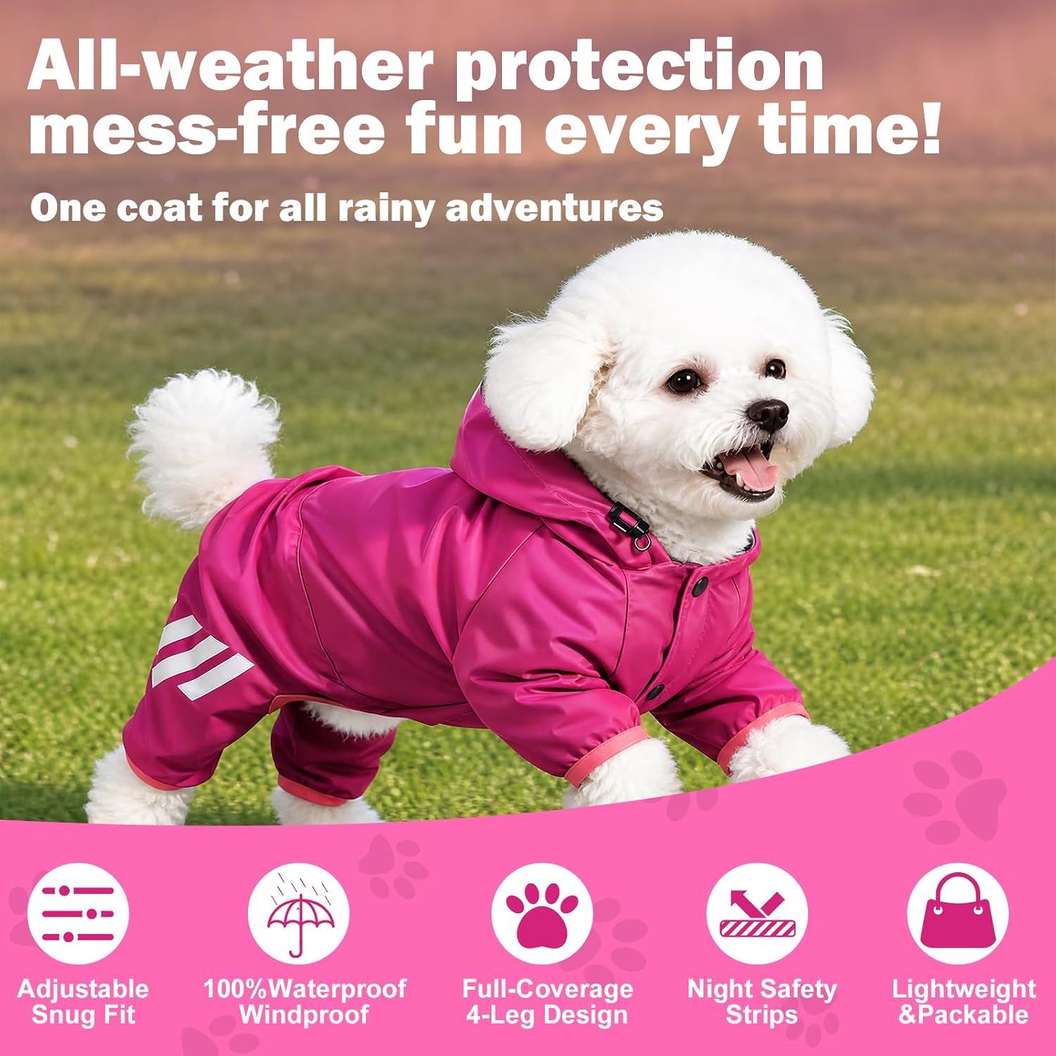 Dog Raincoat Waterproof Windproof Full Body Pet Jacket, Adjustable Reflective Puppy Rain Suit with Leash Hole, Lightweight Foldable Dog Coat for Small Medium Dogs(Pink, Large)