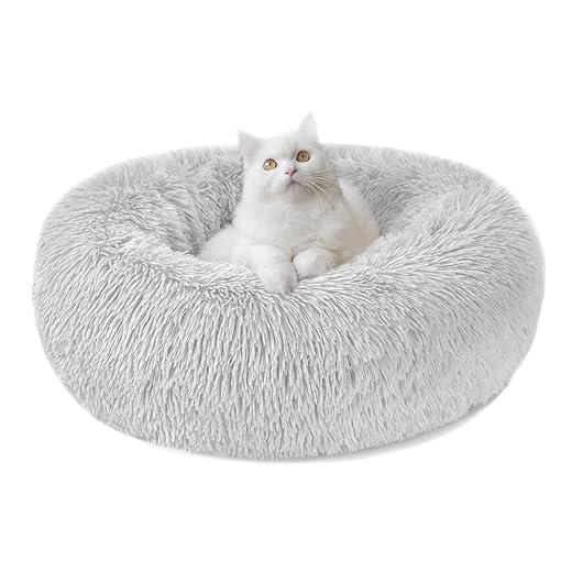Nepfaivy Cat Bed for Indoor Dogs - Furry Donut Cushion for Cats and Dogs, Soft and Stress Relief Bed for Small Pets (M-50 cm/19.7 in, Light Grey)