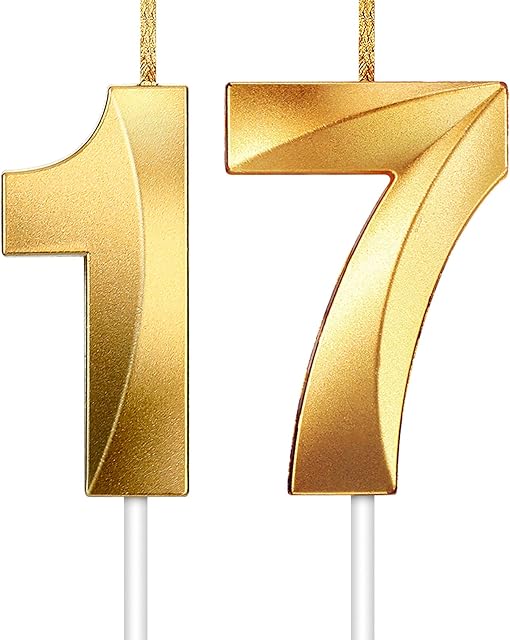 Hicarer 2 Pieces Number Candle Gold Glitter Candles Decorative Birthday Cake Candles Birthday Cake Topper Decoration for Wedding Birthday Anniversary Celebration Graduation (Number 17)