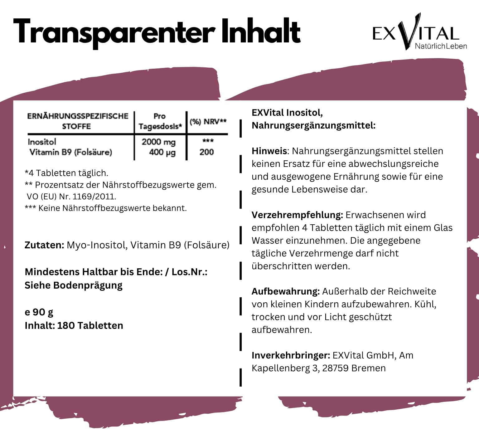 Inositol, ideal kombiniert mit Folsäure, 180 Tabletten, reines Myo-Inositol, hochdosiert: 2000 mg Inositol & 400 μg Folsäure pro Tag, vegan & ohne Zusätze! (Packung mit 2)
