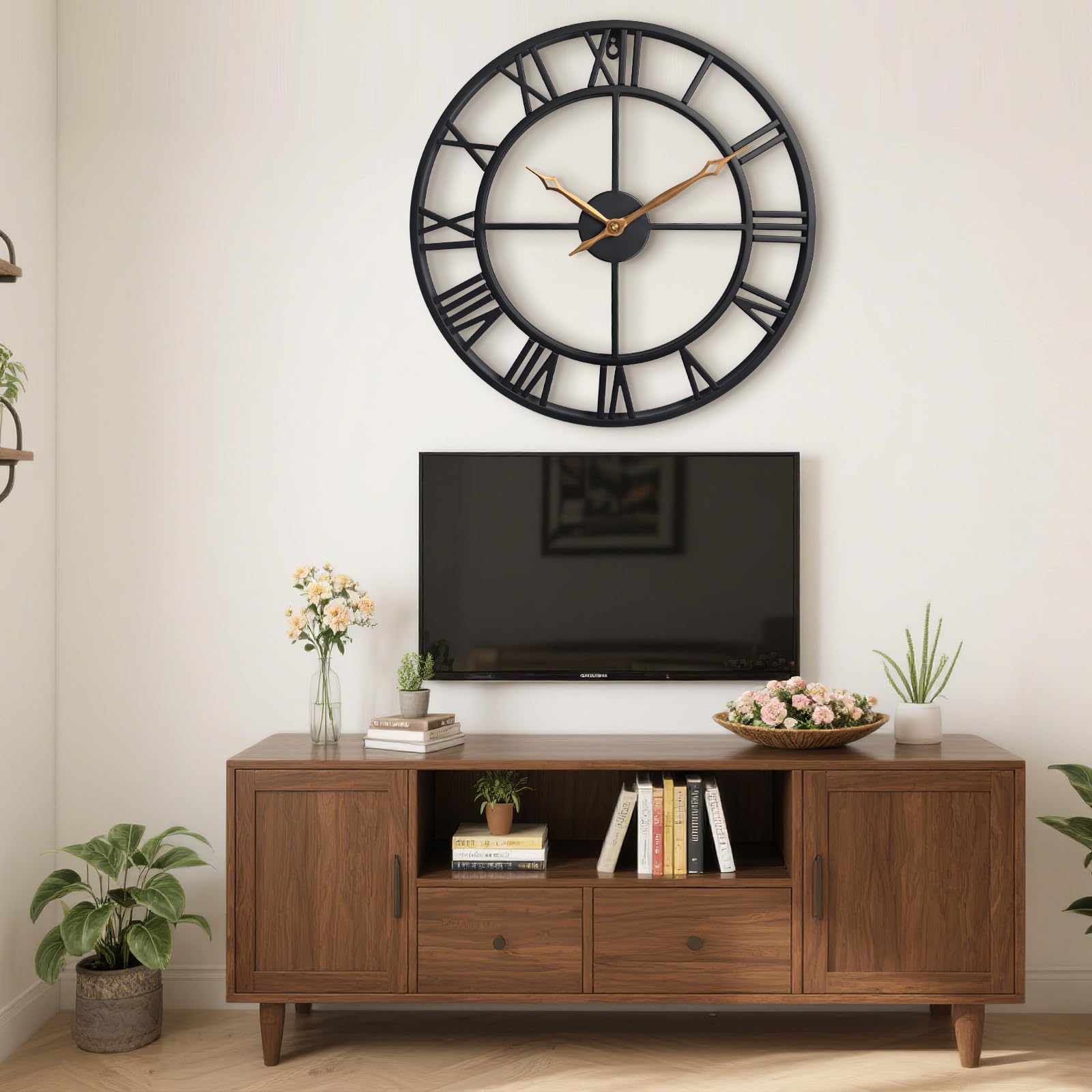 Reloj de pared grande, redondo, silencioso, industrial, vintage, de metal negro, estilo rústico, con grandes números romanos