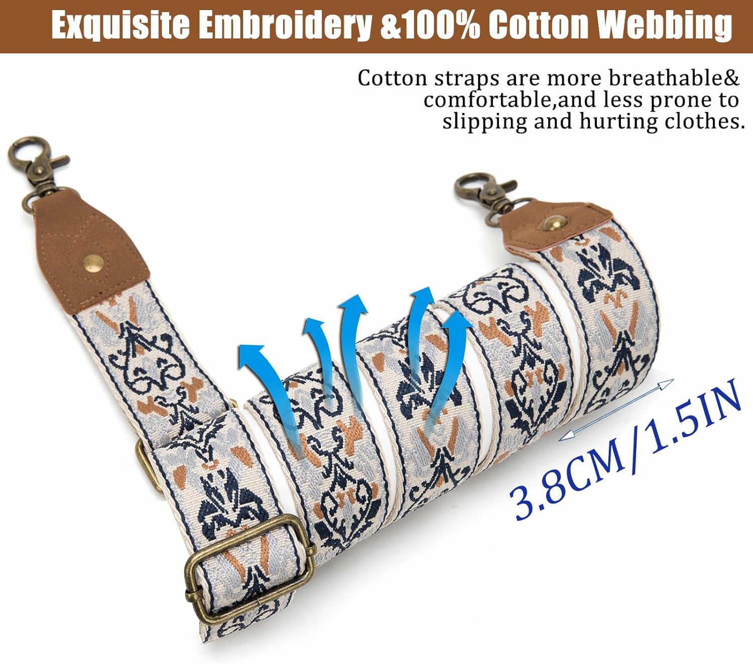 Purse Strap, 1.5" Cowhide Head Wide Shoulder Strap Adjustable Replacement,Jacquard Embroidery Crossbody Bag Straps - Image 2