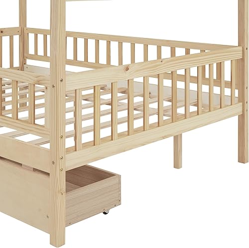 Miniatura 268 de Cama de casa de tamaño individual con 2 cajones, marco de cama de madera y barandilla de seguridad. Ahorra espacio, ideal para el dormitorio de un