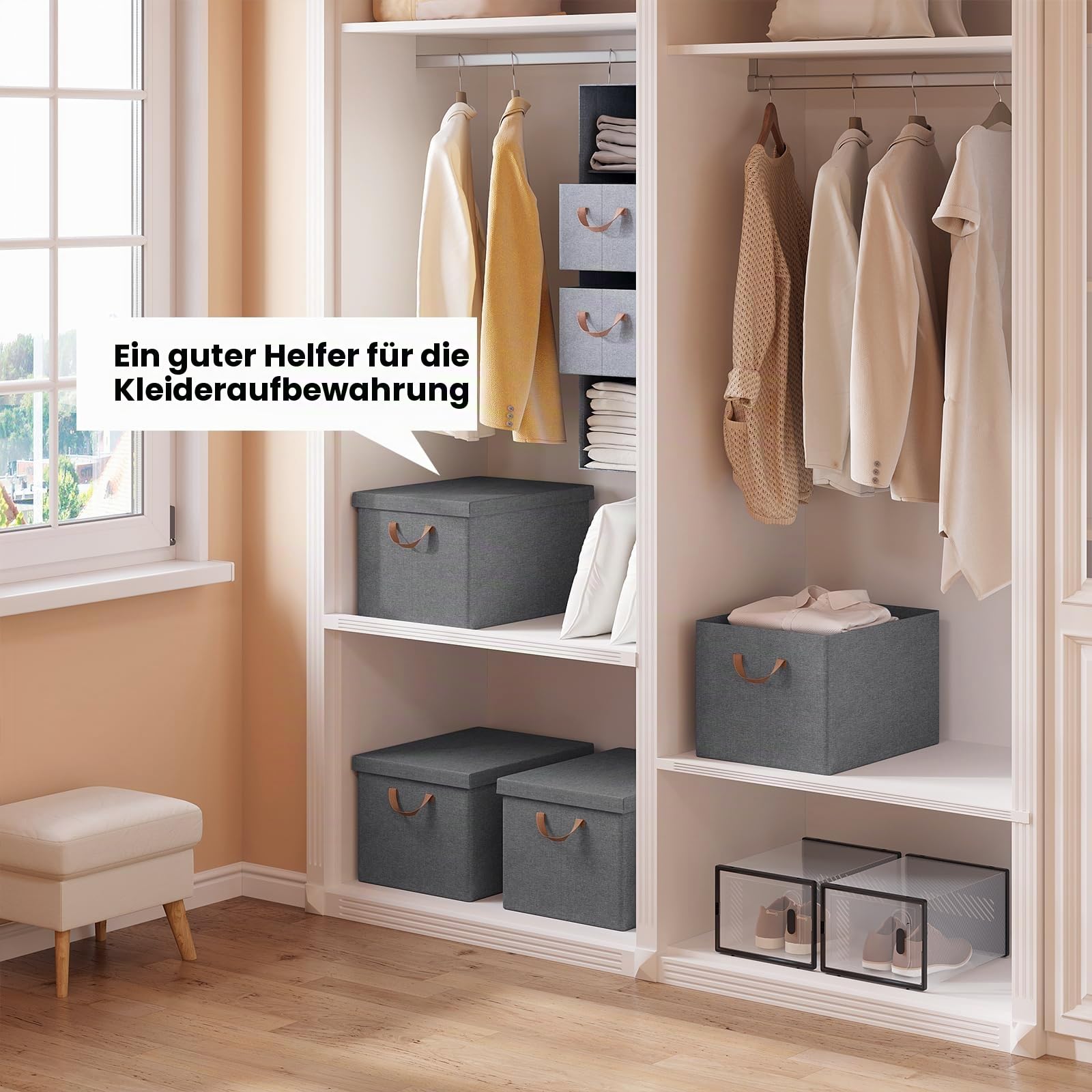 WOLTU Faltbare Aufbewahrungsboxen 10 Stück, mit Deckel, Grau, 48x36x30cm | aus Polyesterstoff, für Schlafzimmer, Arbeitszimmer, Wohnzimmer, Organizer Box mit Griffen, faltbar,