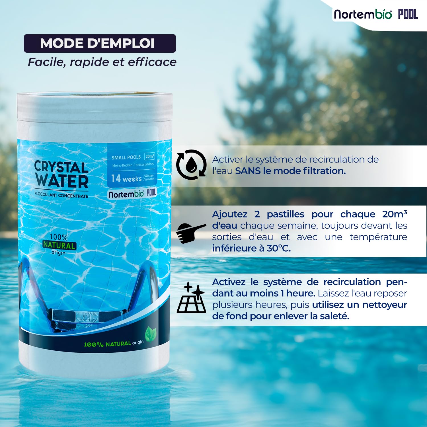Nortembio Floculant Naturel pour Petites Piscines Clarificateur Piscine Professionnel pour Eau Trouble Traitement pour Eau Claire et Cristalline + eBook Offert avec Conseils d’Experts (32 Semaines)